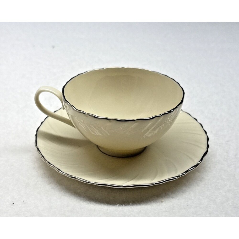 Lenox Weatherly D517 Tea Cup & Saucer Vintage Ivory Platinum Trim USA China